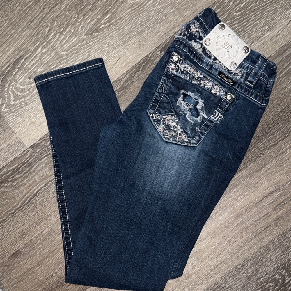 Miss Me Dark Blue Skinny Jeans with Embellished Pockets